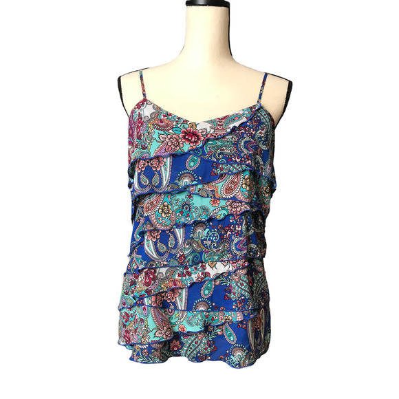 Nicole Miller Tiered Blouse with Multicolored Floral/Paisley Print, Size Medium - Picture 1 of 5